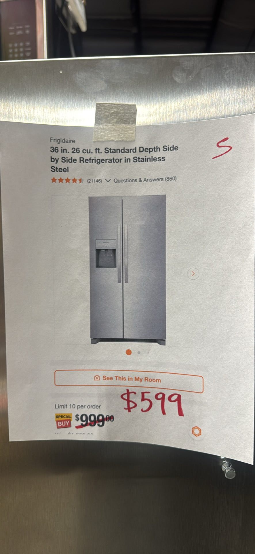 Frigidaire 36 in. 26 cu. ft. Side by Side Refrigerator – Stainless Steel