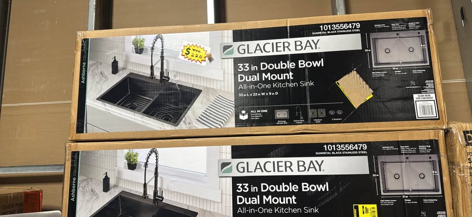 Glacier Bay 33” Gunmetal Black Workstation Sink + Spring Neck Faucet