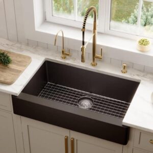 QAR-740 Quartz/Granite 34 in. Single Bowl Retrofit Farmhouse/Apron Front Kitchen Sink in Black with Grid and Strainer